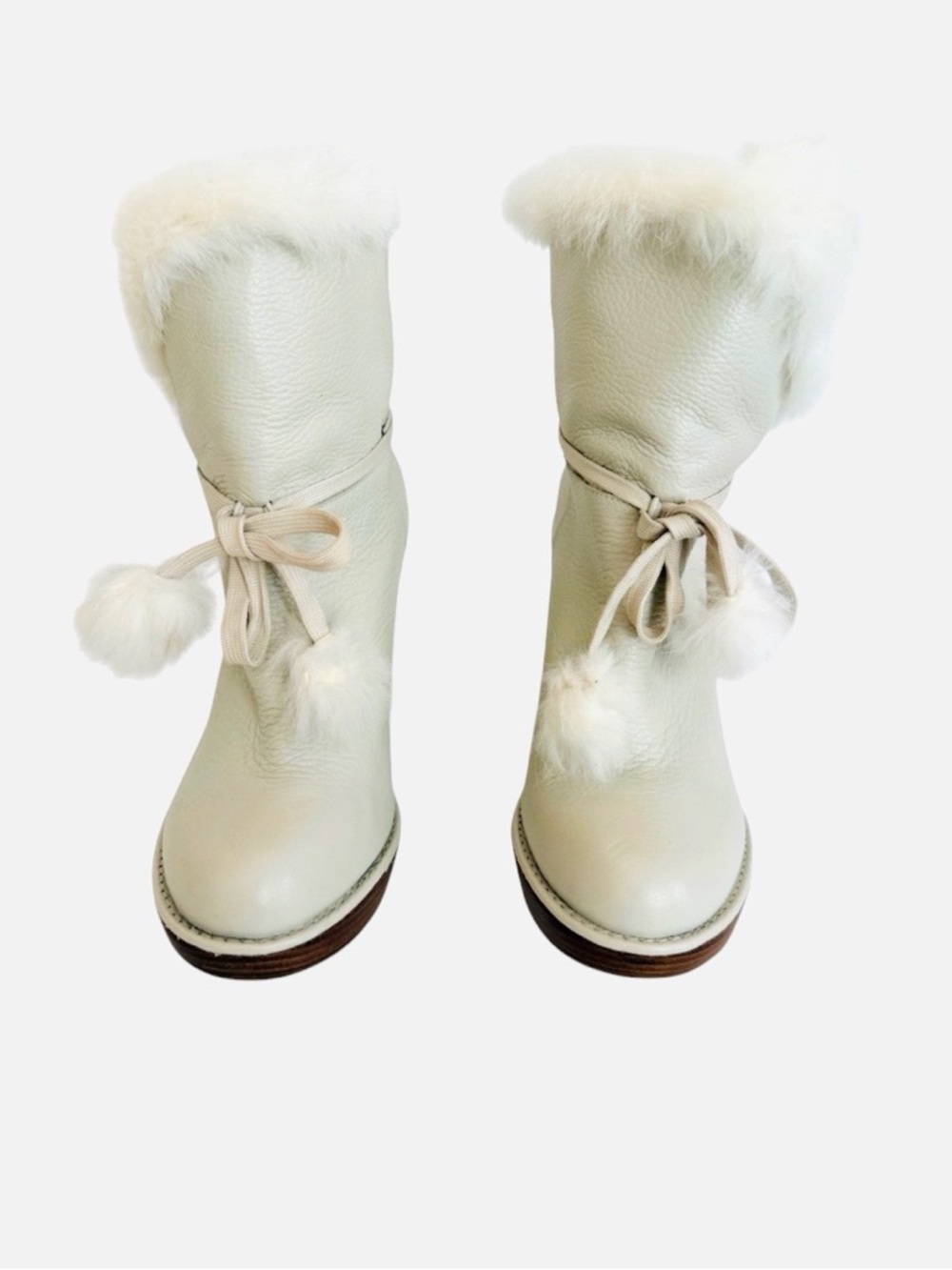 Michael Kors Cream Leather Faux Fur Trim Wedge Ankle Boots Pom Pom MK Logo 7.5 - Picture 4 of 9